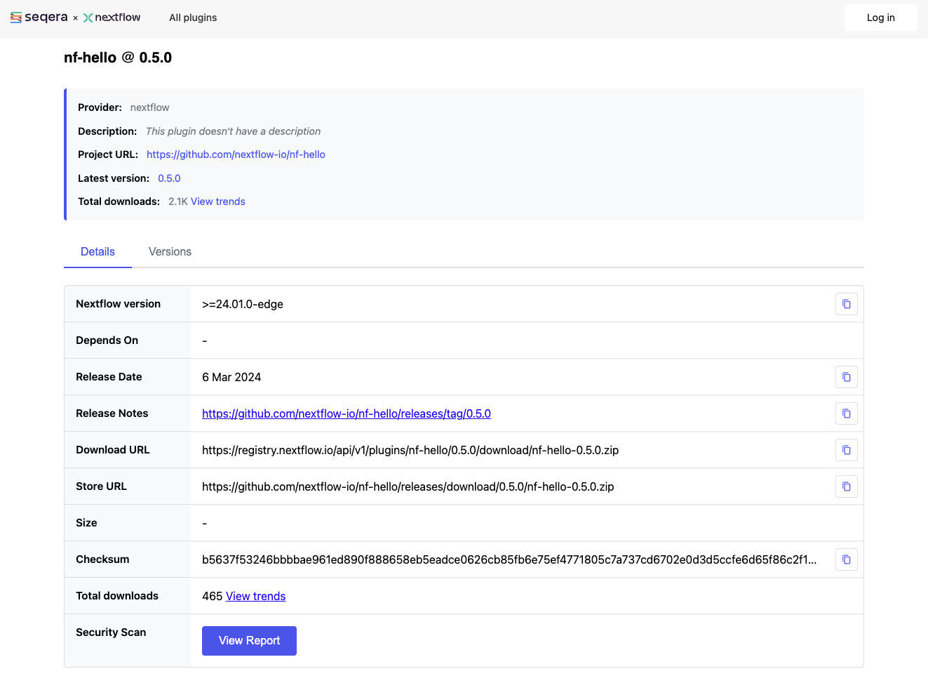 Die nf-hello-Plugin-Seite auf registry.nextflow.io